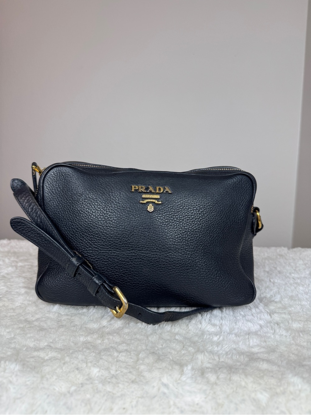 Prada Double zip Camera Black Leather Crossbody Bag